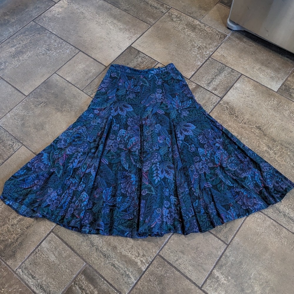 Vintage Le Truc Floral Pleated Midi Skirt Size 40 Green Blue Purple Pink
